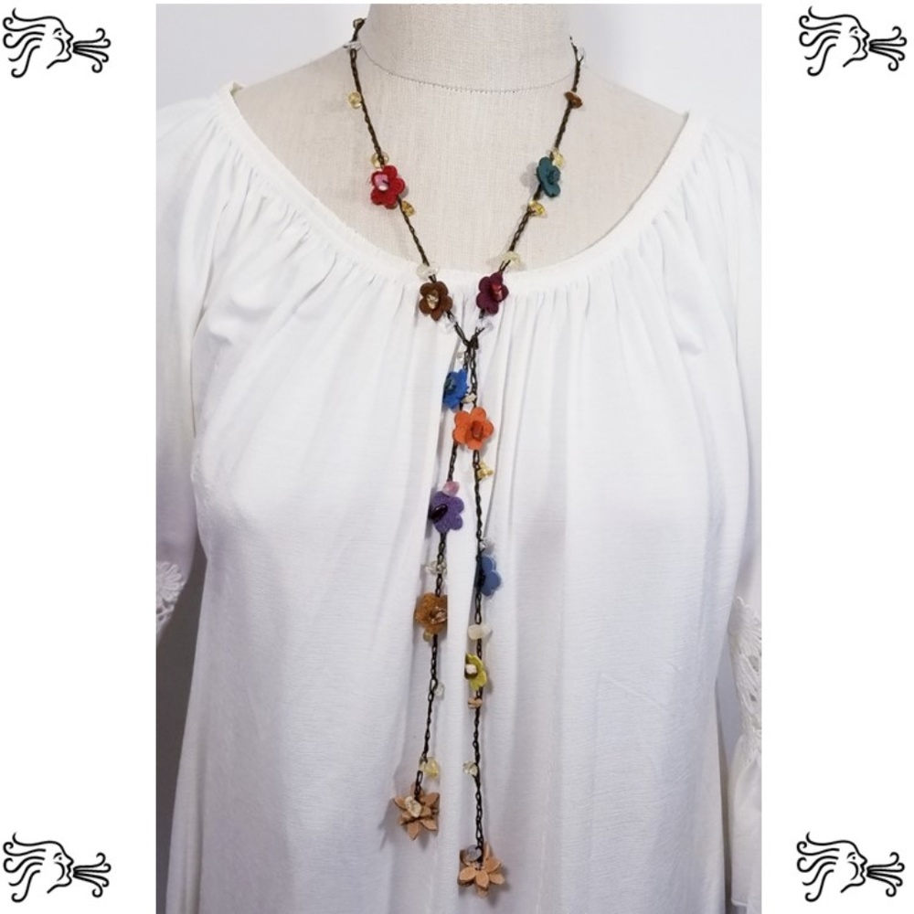 Crocheted Stone Leather Flower Lariat Necklace